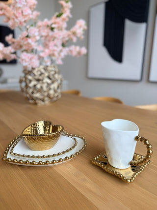 5 - Piece Heart - Shaped Dinnerware Set, White and Gold, With Beaded Trim - DesignedBy The Boss
