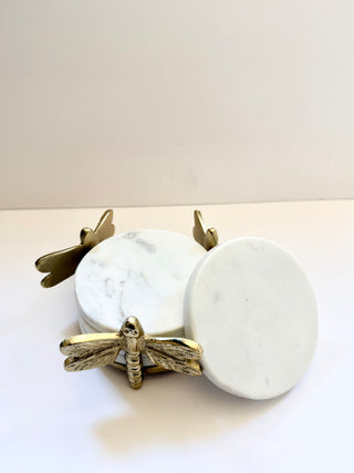 Round Marble Coasters with Gold Dragonfly Holder