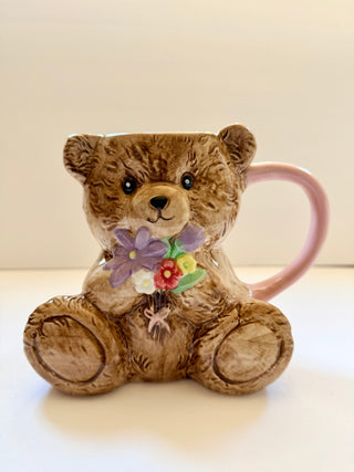 Large Teddy Bear Coffee Mug with Bouquet of Flower Design - 28 Oz.