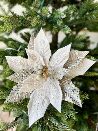 Cream Beaded Christmas Poinsettia Stem Holliday Decor
