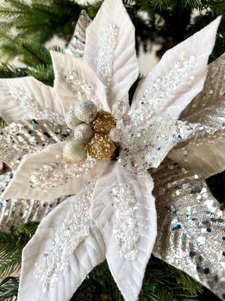 Cream Beaded Christmas Poinsettia Stem Holliday Decor