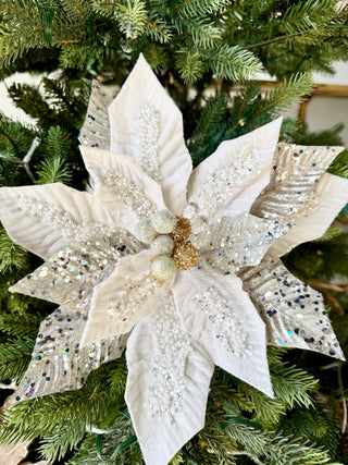 Cream Beaded Christmas Poinsettia Stem Holliday Decor