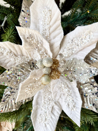 Cream Beaded Christmas Poinsettia Stem Holliday Decor