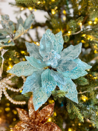 Aqua Beaded Christmas Poinsettia Stem - Holliday Decor