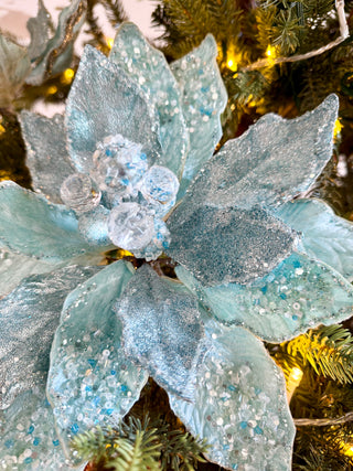 Aqua Beaded Christmas Poinsettia Stem - Holliday Decor