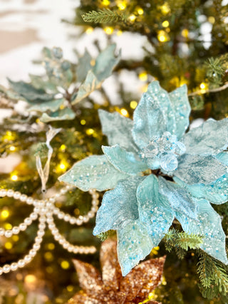 Aqua Beaded Christmas Poinsettia Stem - Holliday Decor