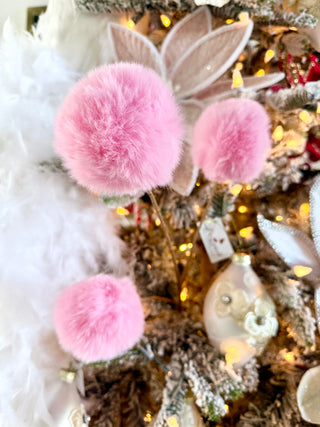 Pink Faux Fur PomPom Branch - Holiday
