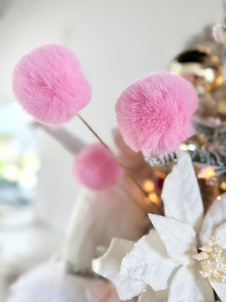 Pink Faux Fur PomPom Branch - Holiday