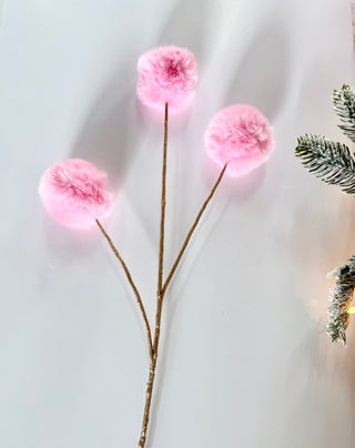 Pink Faux Fur PomPom Branch - Holiday