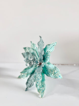 Aqua Beaded Christmas Poinsettia Stem - Holliday Decor