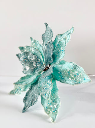 Aqua Beaded Christmas Poinsettia Stem - Holliday Decor