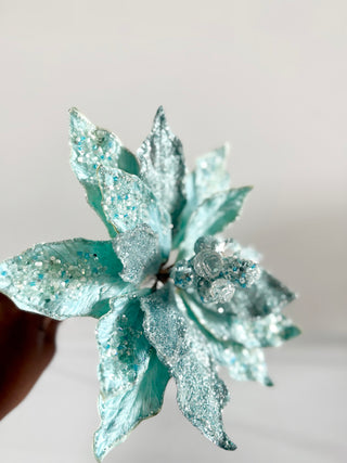 Aqua Beaded Christmas Poinsettia Stem - Holliday Decor