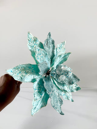 Aqua Beaded Christmas Poinsettia Stem - Holliday Decor