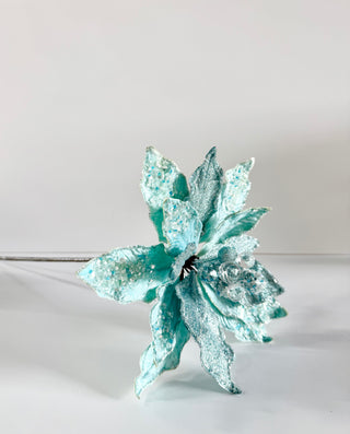 Aqua Beaded Christmas Poinsettia Stem - Holliday Decor