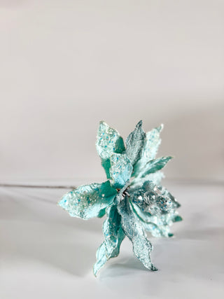 Aqua Beaded Christmas Poinsettia Stem - Holliday Decor