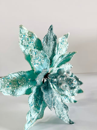 Aqua Beaded Christmas Poinsettia Stem - Holliday Decor