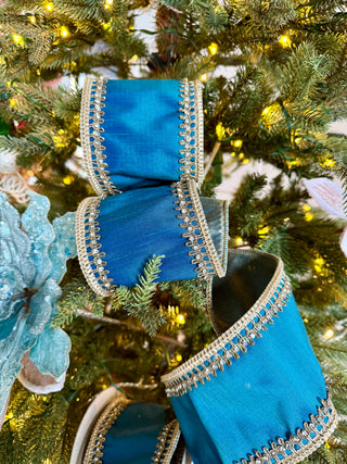 Tiffany Blue Luxury Ribbon - Christmas Decoration With Gold Details 4" Wide
