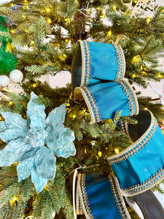 Aqua Beaded Christmas Poinsettia Stem - Holliday Decor