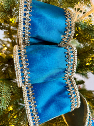 Tiffany Blue Luxury Ribbon - Christmas Decoration With Gold Details 4" Wide