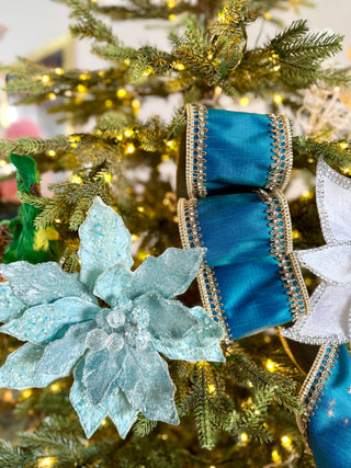 Aqua Beaded Christmas Poinsettia Stem - Holliday Decor