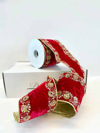Luxury Red Jeweled Ribbon - Christmas Decoration 4" Wide