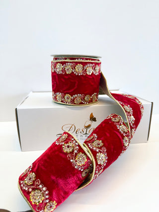Luxury Red Jeweled Ribbon - Christmas Decoration 4" Wide