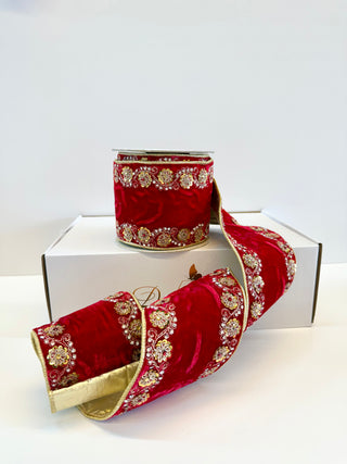 Luxury Red Jeweled Ribbon - Christmas Decoration 4" Wide