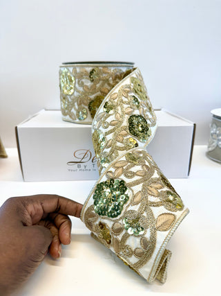 Luxury Ivory Sequin Embroidery Wired Ribbon - Holiday Decor Width 4"