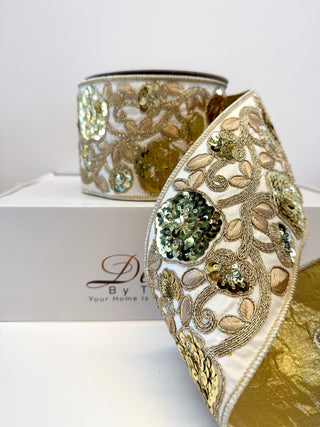 Luxury Ivory Sequin Embroidery Wired Ribbon - Holiday Decor Width 4"