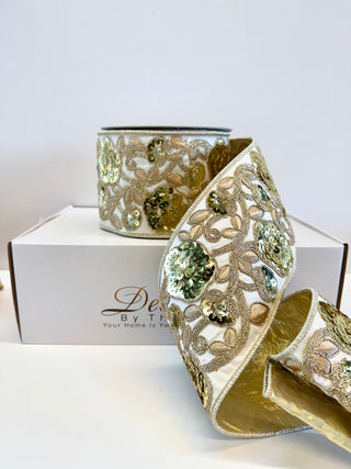 Luxury Ivory Sequin Embroidery Wired Ribbon - Holiday Decor Width 4"