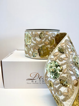 Luxury Ivory Sequin Embroidery Wired Ribbon - Holiday Decor Width 4"