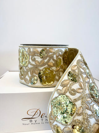 Luxury Ivory Sequin Embroidery Wired Ribbon - Holiday Decor Width 4"