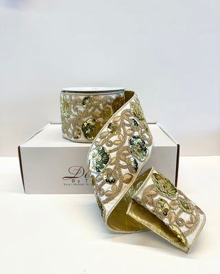 Luxury Ivory Sequin Embroidery Wired Ribbon - Holiday Decor Width 4"