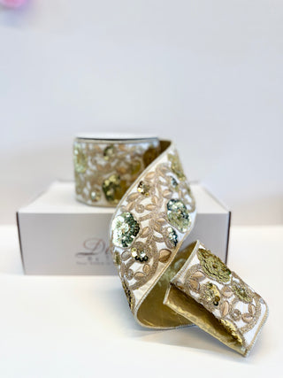 Luxury Ivory Sequin Embroidery Wired Ribbon - Holiday Decor Width 4"