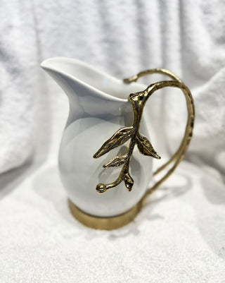 White & Gold Ceramic Pitcher with Leaf Handle