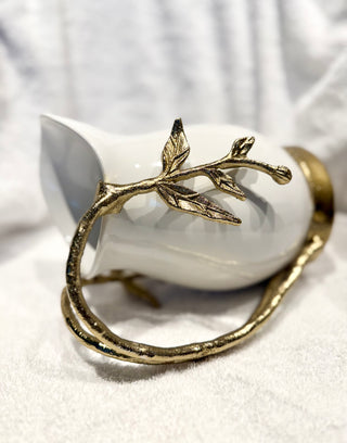 White & Gold Ceramic Pitcher with Leaf Handle