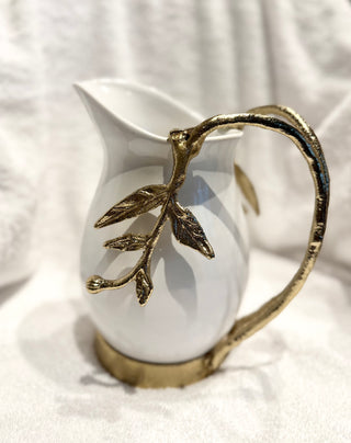 White & Gold Ceramic Pitcher with Leaf Handle