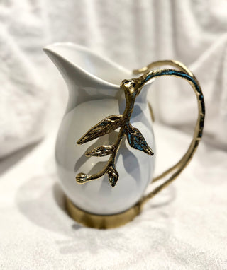 White & Gold Ceramic Pitcher with Leaf Handle