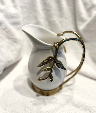White & Gold Ceramic Pitcher with Leaf Handle