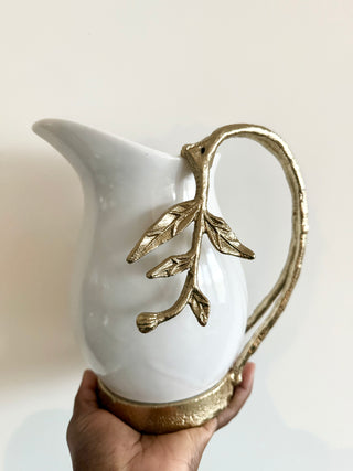 White & Gold Ceramic Pitcher with Leaf Handle