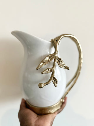 White & Gold Ceramic Pitcher with Leaf Handle