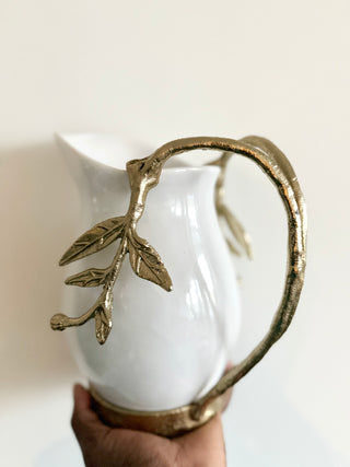 White & Gold Ceramic Pitcher with Leaf Handle