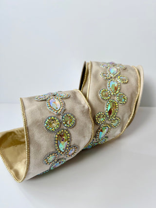 Luxury Ivory Jewel Velvet Wired Ribbon - Holiday Decor Width 4"