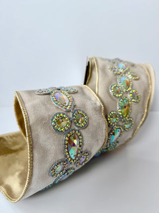 Luxury Ivory Jewel Velvet Wired Ribbon - Holiday Decor Width 4"