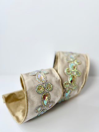 Luxury Ivory Jewel Velvet Wired Ribbon - Holiday Decor Width 4"