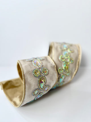 Luxury Ivory Jewel Velvet Wired Ribbon - Holiday Decor Width 4"