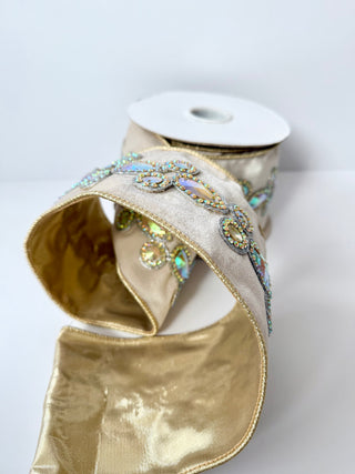 Luxury Ivory Jewel Velvet Wired Ribbon - Holiday Decor Width 4"