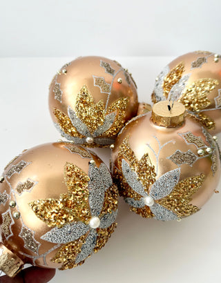 Set Of 4 Assorted Decoration Glass Ornaments - Beaded Patterns - Holiday Decor🎄