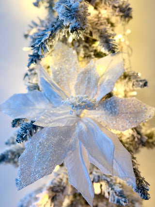 Large White Beaded Christmas Poinsettia Pick-Christmas Tree Embellishment 22" Tall