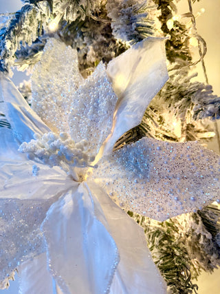 Large White Beaded Christmas Poinsettia Pick-Christmas Tree Embellishment 22" Tall
